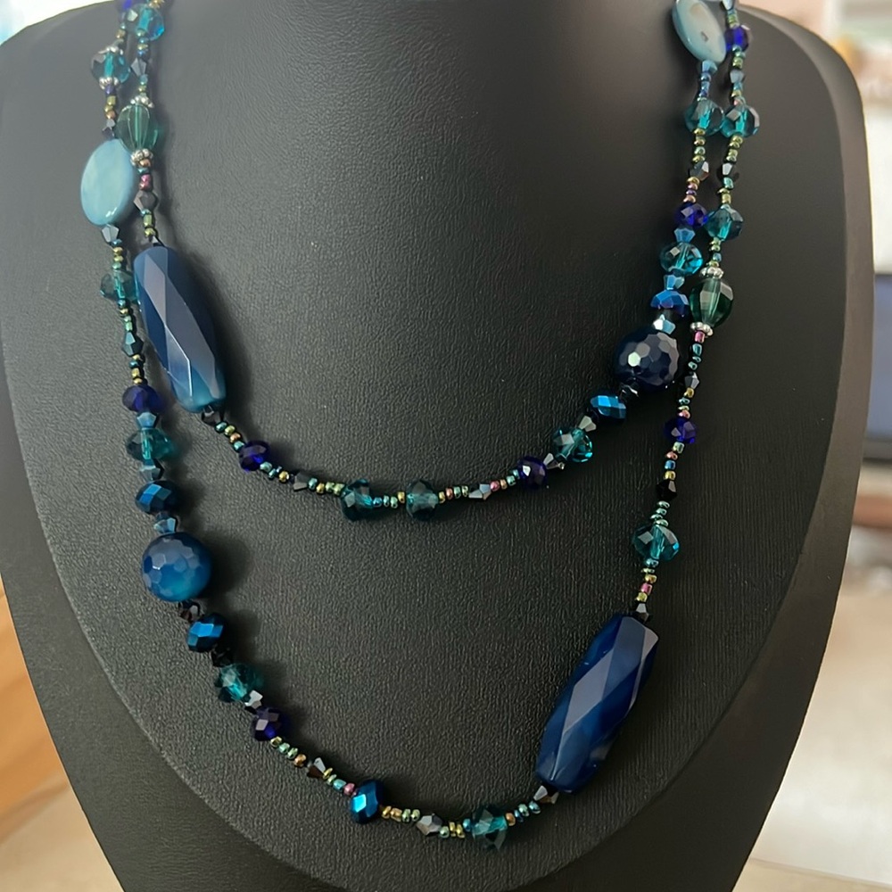 Beautiful Blue Crystal Beaded and Dyed Blue MOP Necklace
